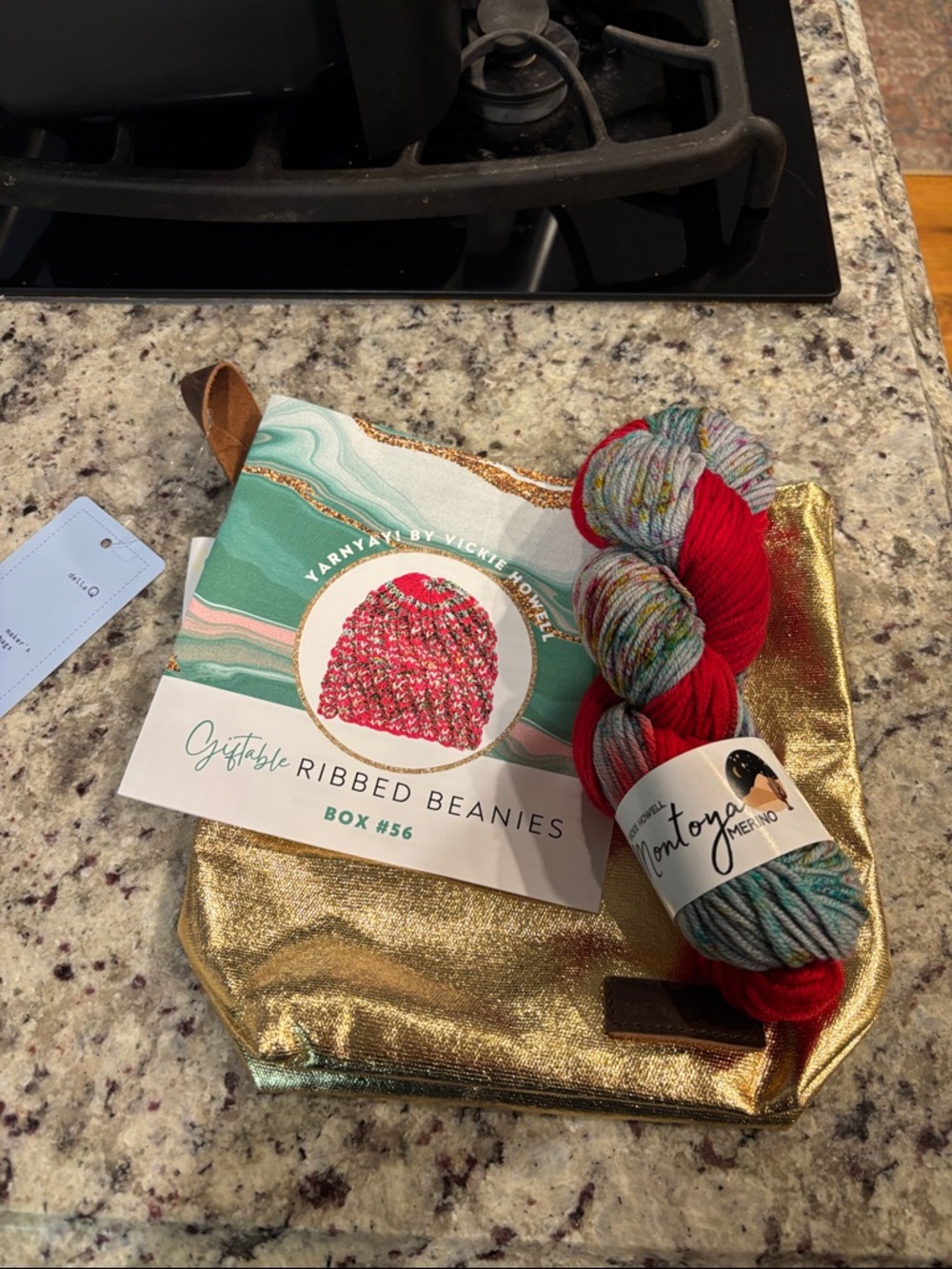Yarn Yay Box with Montoya yarn and gold Della Q bag